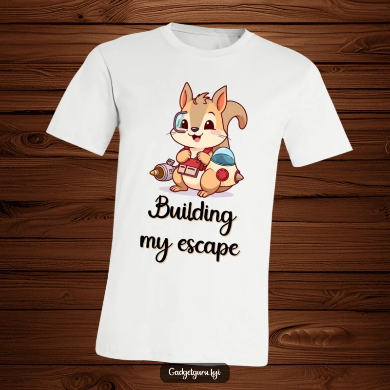 Funny t-shirt print of a playful squirrel with a tool belt, tinkering with a small spaceship, symbolizing creativity and small-scale engineering.