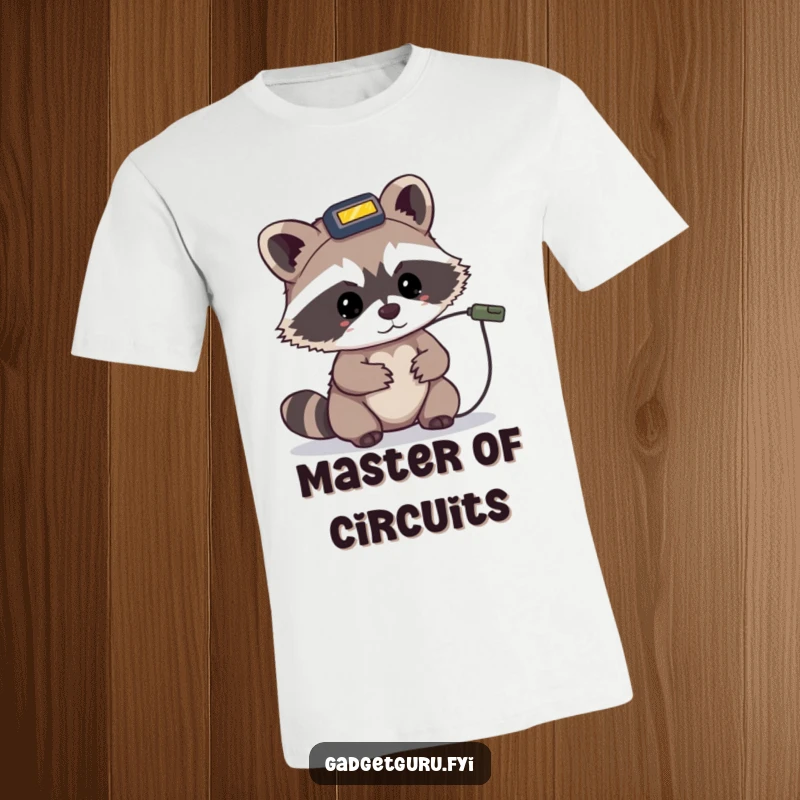 Funny raccoon t-shirt featuring a tiny character in a headlamp, intensely focused on a minuscule wire.