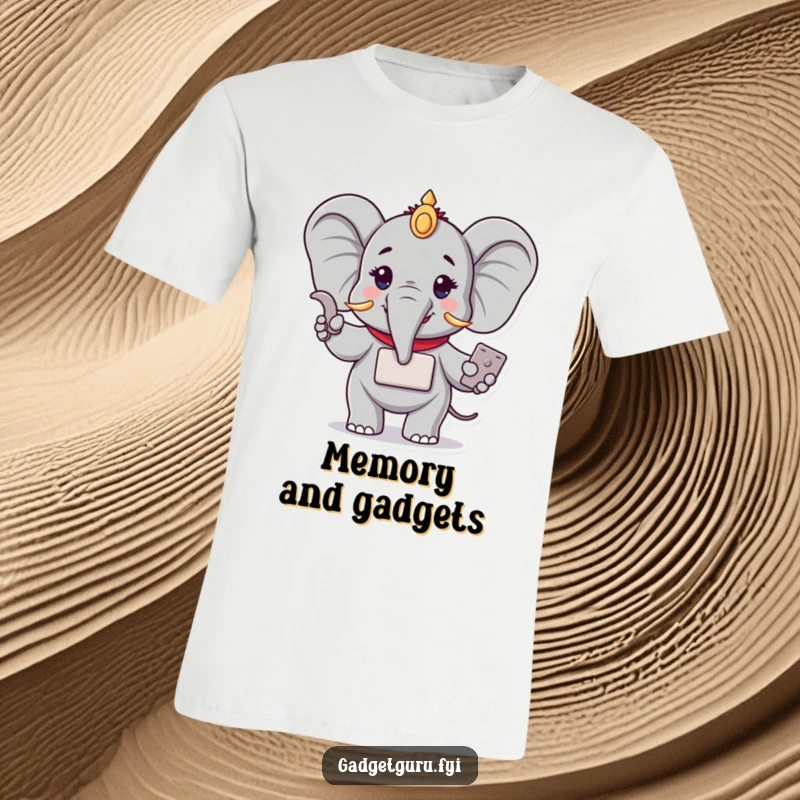 Funny t-shirt featuring a wise elephant demonstrating a compact new device. A humorous depiction of intelligence and technological advancement.