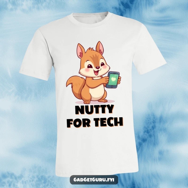 Funny t-shirt with a cute squirrel character excitedly holding a tiny, glowing smartphone, highlighting tech obsession with humor.