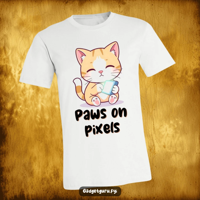 Funny cat t-shirt featuring a curious feline reaching out a paw towards a tiny, illuminated digital screen.