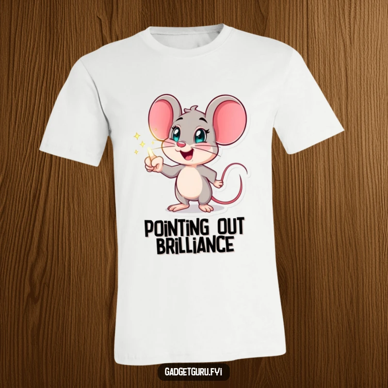 Funny mouse t-shirt featuring an excited character pointing at a holographic display, ideal for futuristic and tech-minded people.