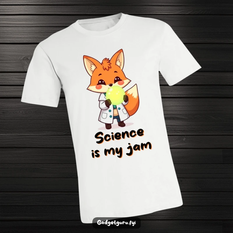 Funny T-shirt with a cheerful fox in a lab coat, holding a glowing orb, looking like a curious and slightly mad scientist.