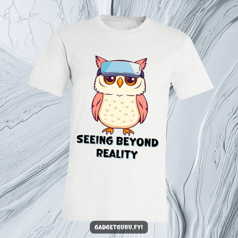 Funny owl character wearing miniature VR goggles, symbolizing imagination and digital experiences, on a soft t-shirt.