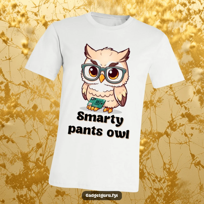 Funny cute owl character wearing large glasses, focused on a minuscule circuit board, designed for a humorous t-shirt.