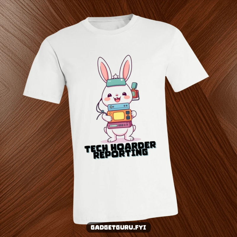 Funny t-shirt showcasing a cheerful rabbit character attempting to balance numerous small electronic gadgets in a comical stack.