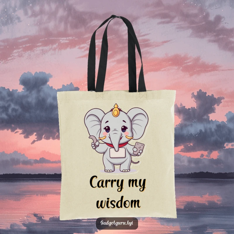 Funny tote bag with a wise elephant character demonstrating a small, new electronic device. A humorous and practical accessory for gadget lovers.