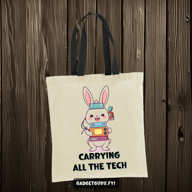 Funny tote bag featuring a cheerful rabbit character balancing a large, comical stack of assorted small electronic gadgets.