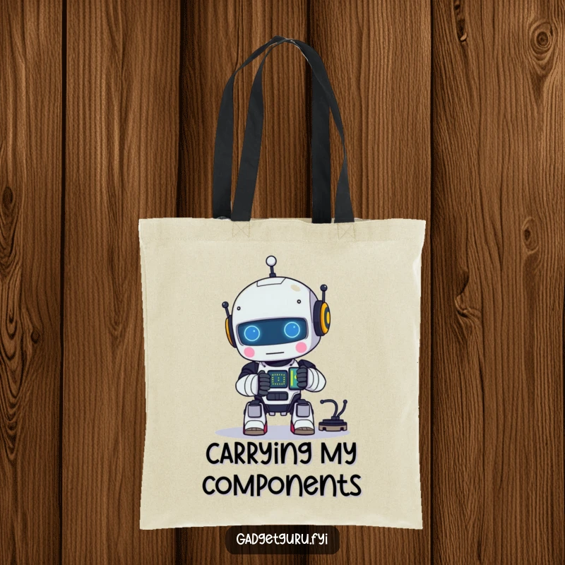 Funny tote bag with a small robot character happily assembling a tiny, glowing circuit, perfect for carrying tech gear.