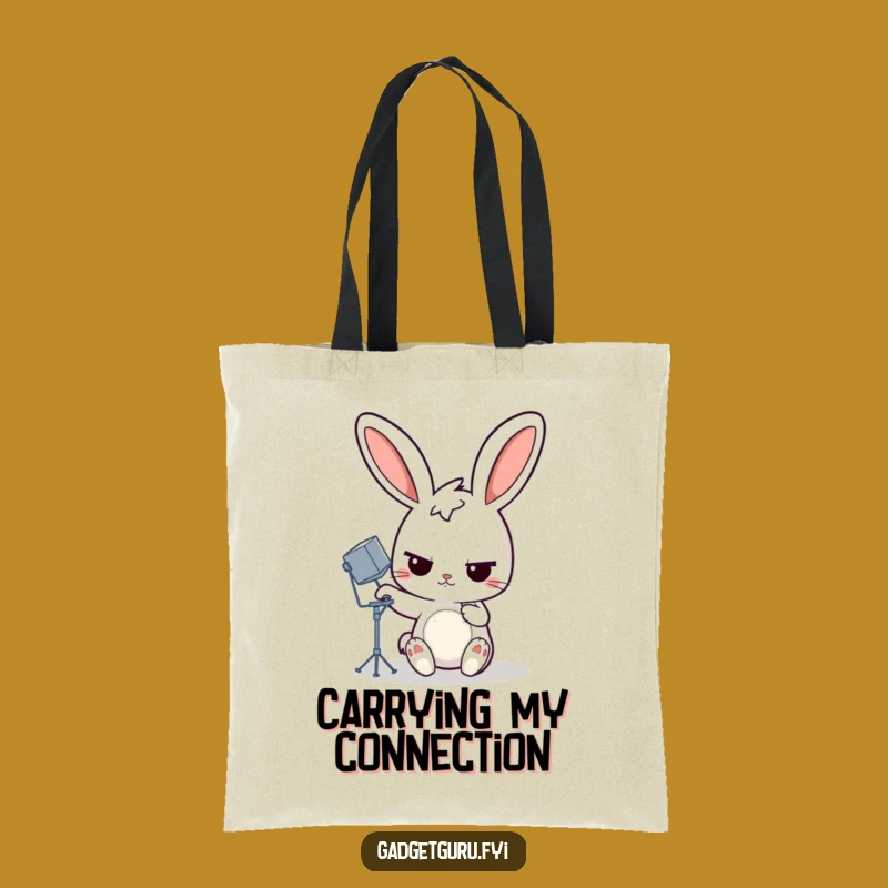 Funny Rabbit Satellite Dish Tote Bag, Determined Accessory, Practical Tech Gift