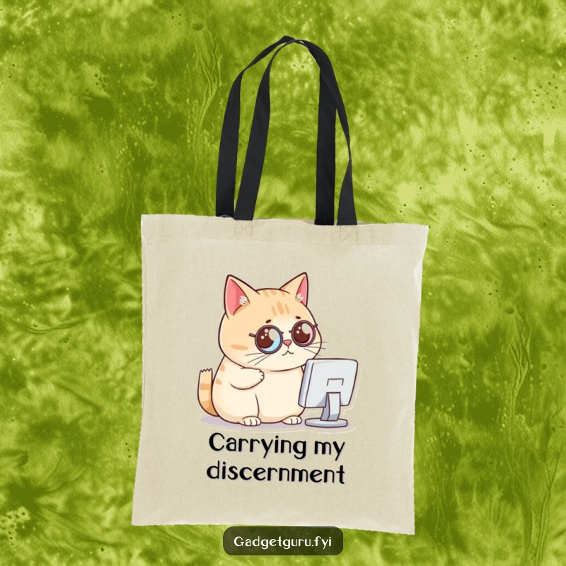 Funny cat tote bag, a chubby cat with a monocle critically examining a tiny computer screen, for stylish organization.