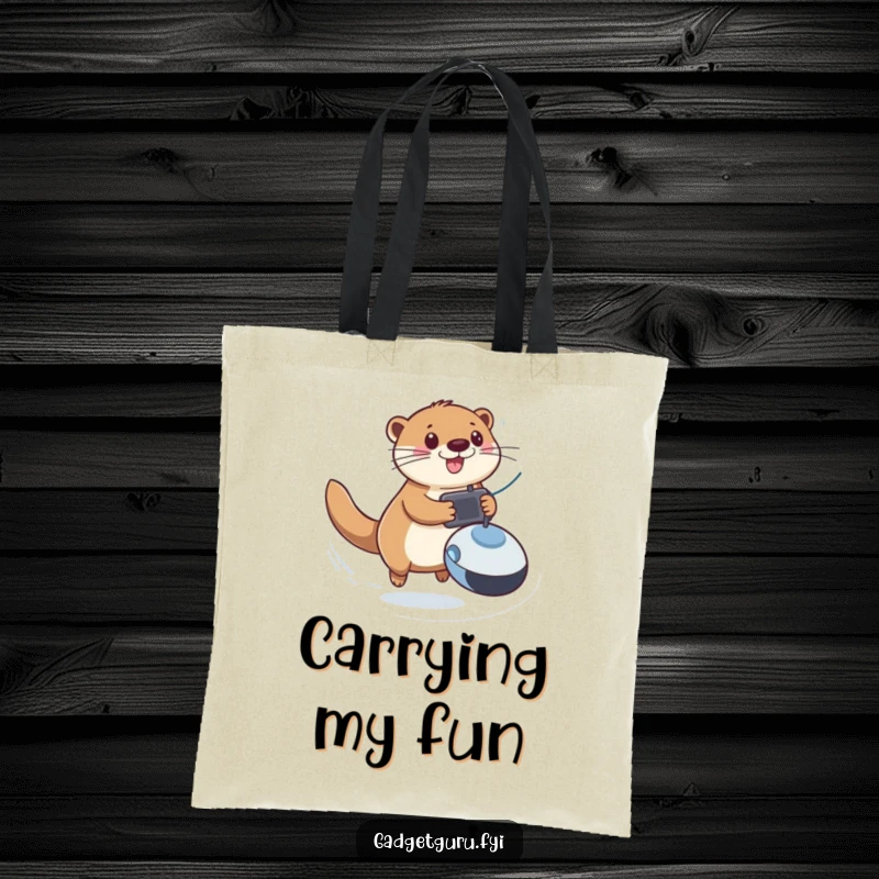Funny tote bag showing a happy otter zooming with a remote-controlled toy, a practical and amusing accessory.