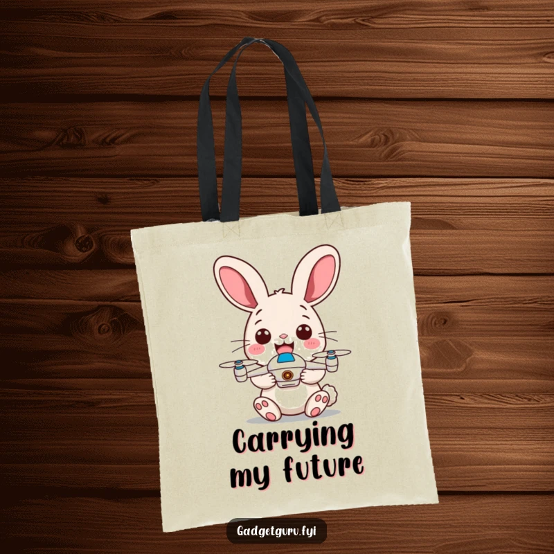 Funny tote bag featuring a happy rabbit with energetic ears holding a small drone, ready for adventures.
