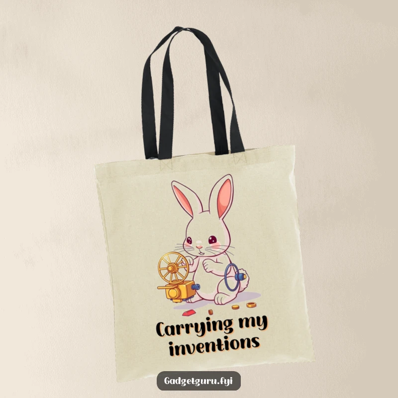 Funny tote bag showcasing an industrious rabbit assembling a small, complex mechanical device, perfect for carrying books or gadgets.