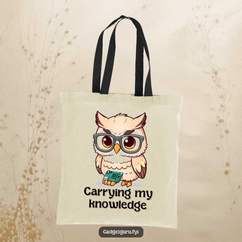 Funny cute owl character wearing oversized glasses, studying a tiny circuit board, printed on a durable, funny tote bag.
