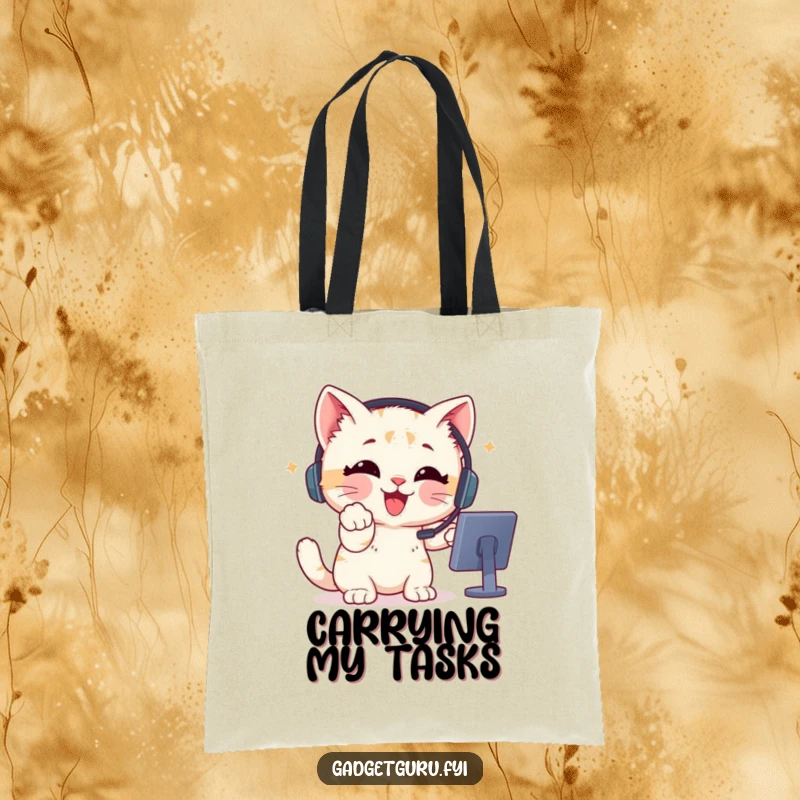 Funny Tote Bag featuring a delighted kitten wearing a headset, enthusiastically pointing at a screen.
