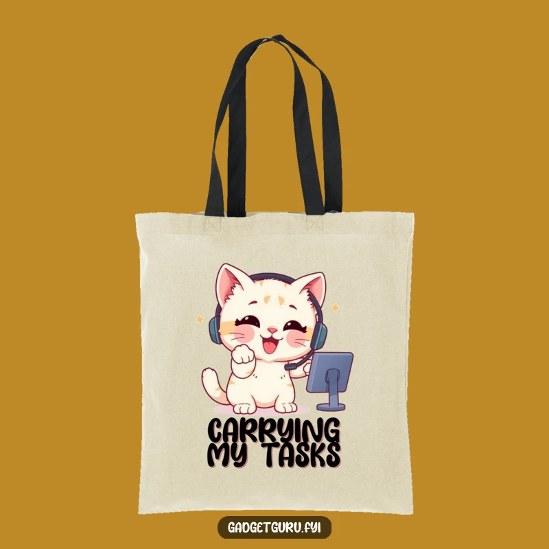 Funny Gamer Kitten Headset Tote Bag - Enthusiastic Pointing Kitten Carryall Funny Gift