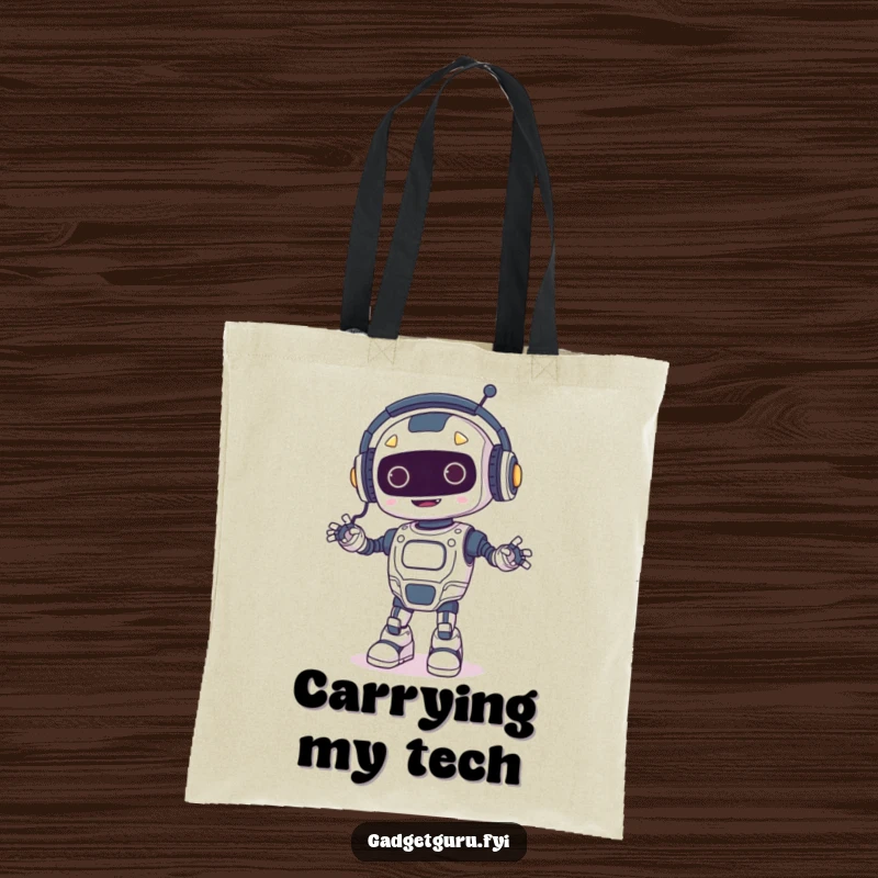 Funny tote bag showcasing a happy robot wearing tiny headphones and dancing, with glowing wires, ideal for carrying items with a cool vibe.