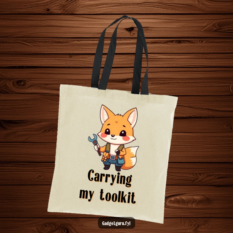 Funny tote bag showcasing a small fox character wearing a tool belt and holding a miniature wrench.