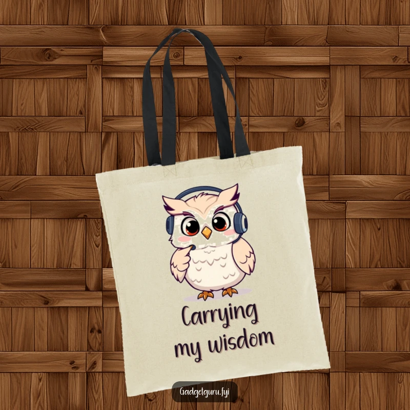 Funny owl tote bag featuring a giggling character wearing a headset and pointing, ideal for carrying communication tools.