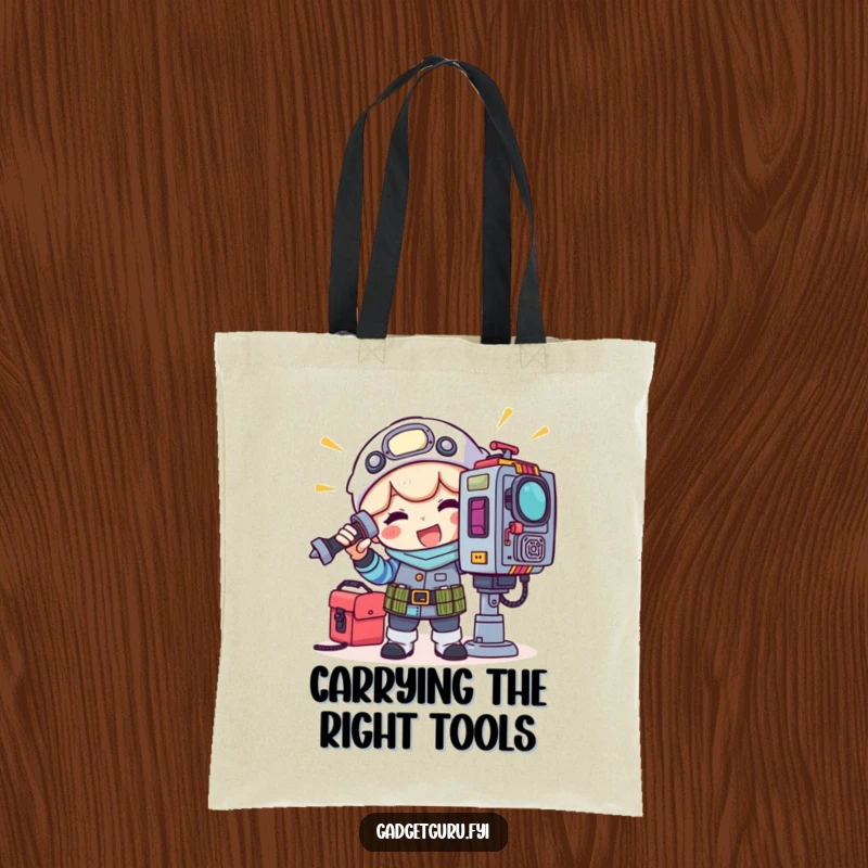 Funny tote bag featuring a happy gadget tinkerer character with a toolkit adjusting a blinking light on a complex gadget.