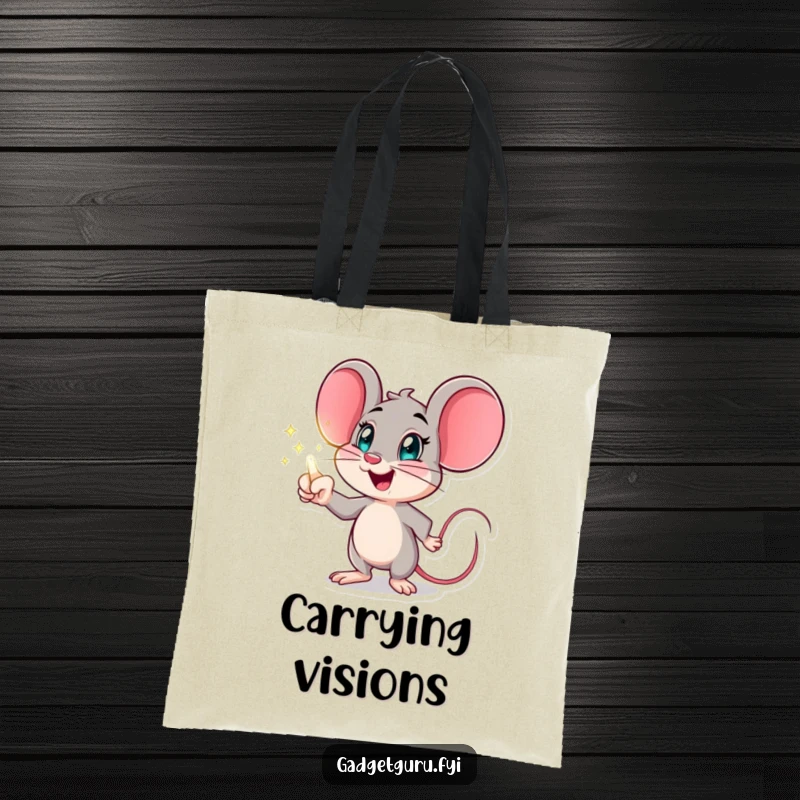 Funny mouse tote bag showcasing an excited character pointing at a holographic display, a humorous accessory for tech enthusiasts.