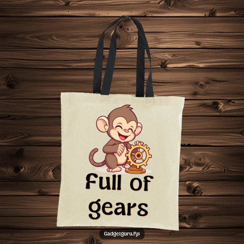 Funny monkey character joyfully adjusting a whirring gear, symbolizing skill and fun, on a functional tote bag.