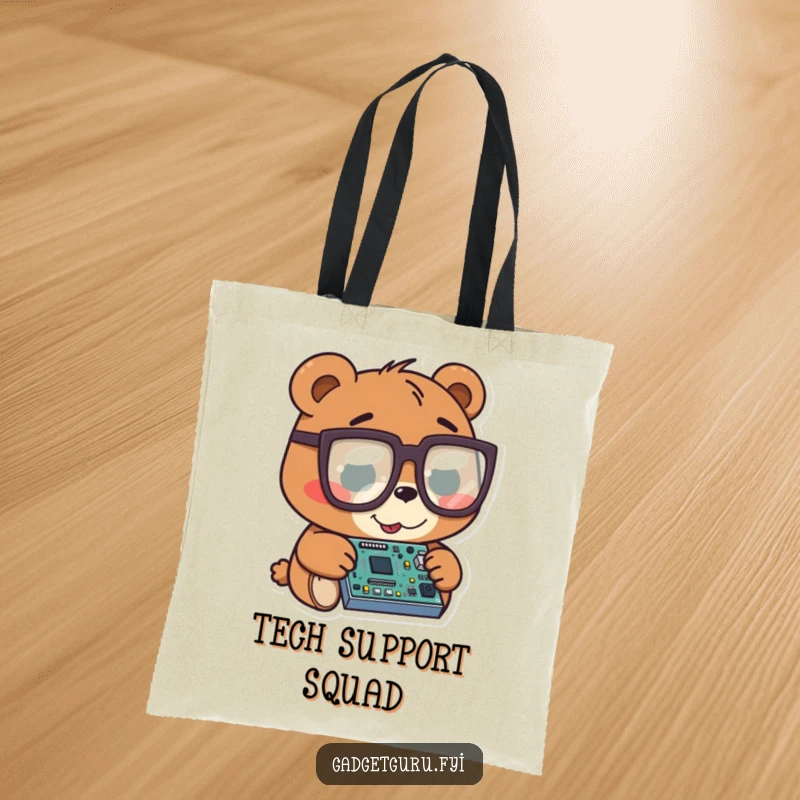 Funny bear character wearing large glasses, closely examining a tiny circuit board, printed on a durable tote bag.