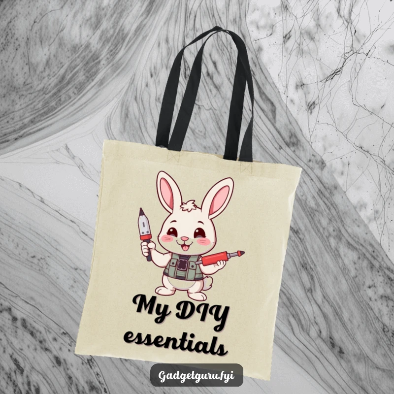 Funny tote bag features a confident bunny character holding a tiny screwdriver, perfect for carrying tools and everyday essentials.