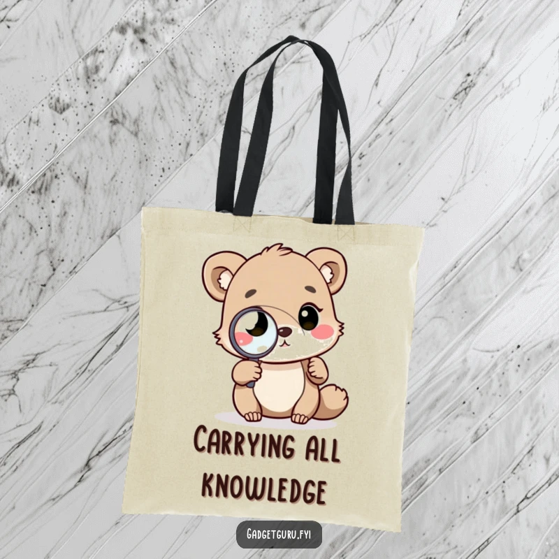 Funny tote bag with a thoughtful animal character holding a magnifying glass over a complex diagram, a humorous and practical gift.