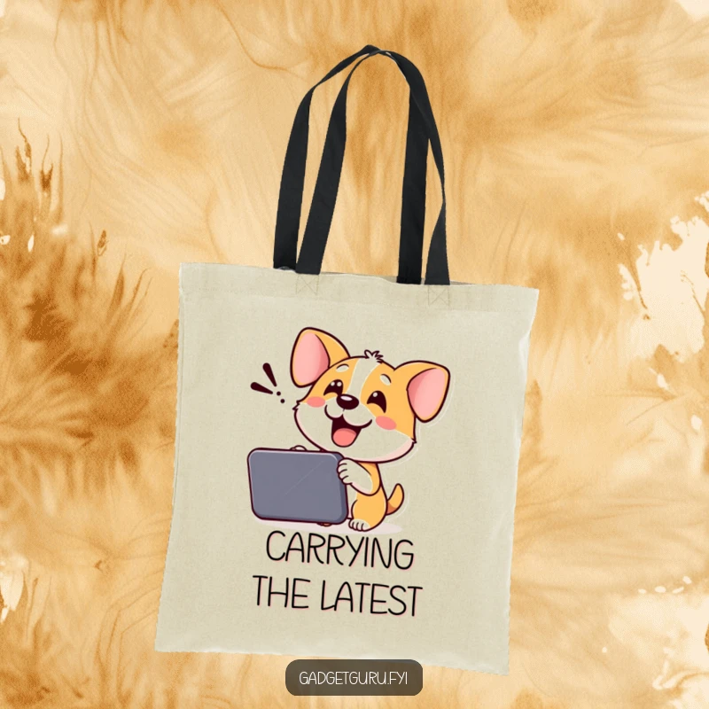 Funny Dog Tote Bag: A cheerful dog demonstrates a new gadget with a wagging tail, perfect for carrying everyday items.