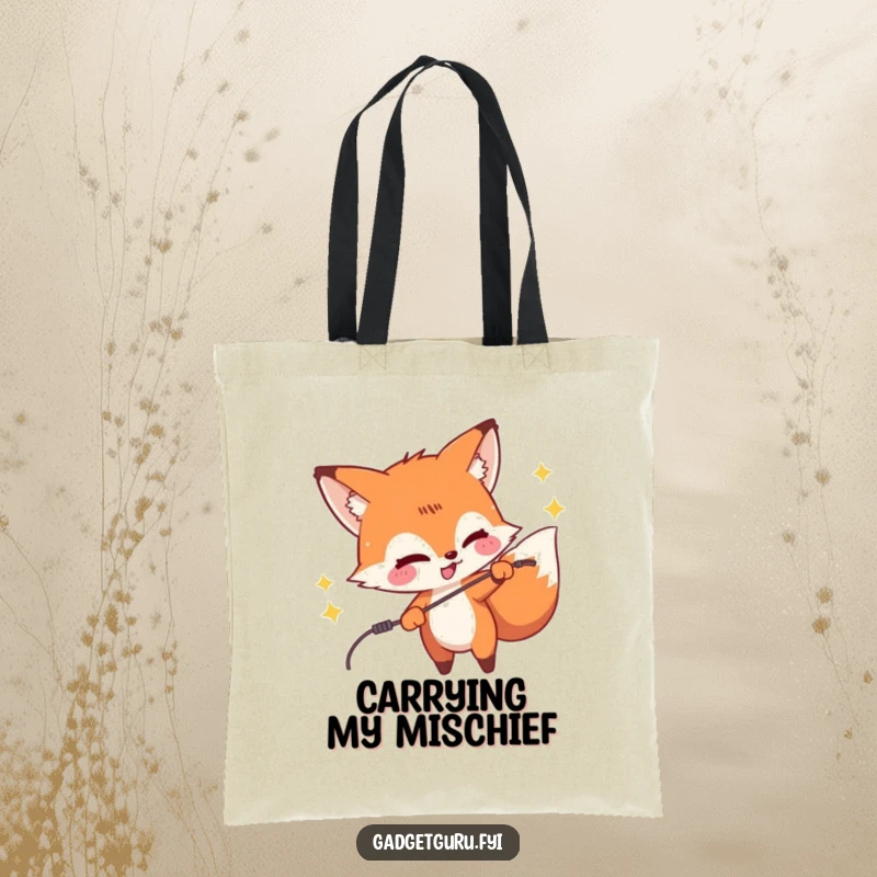 Funny tote bag with a mischievous fox character playfully zapping a wire, a humorous accessory for those with a playful edge.