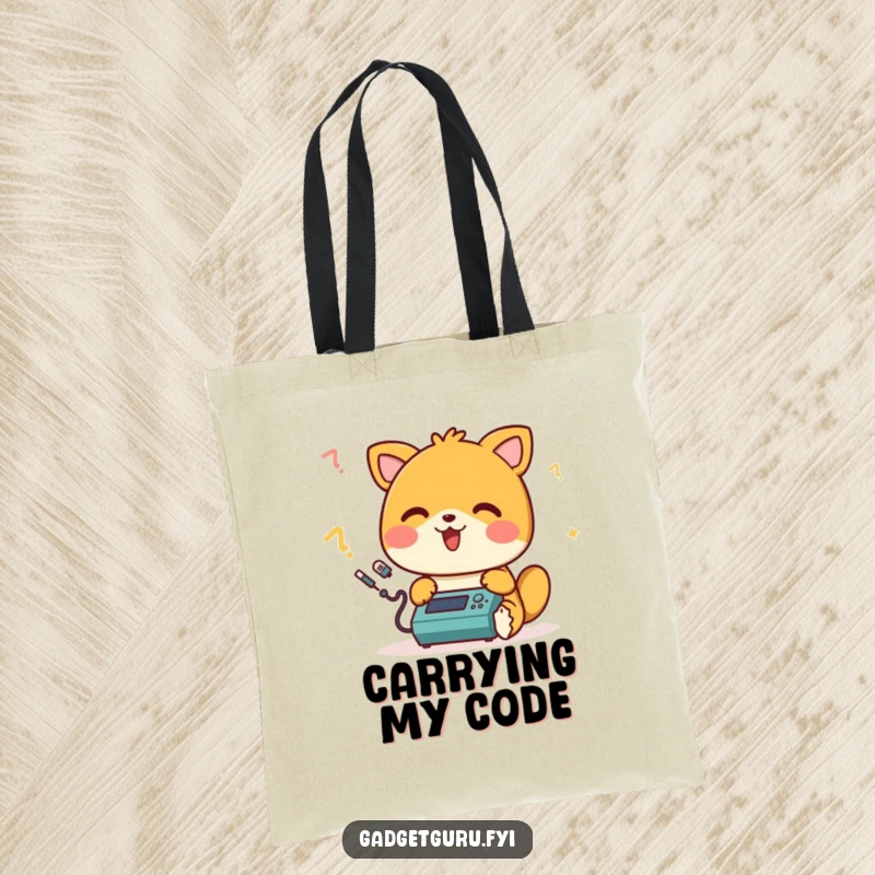 Funny tote bag with a happy animal character beeping merrily while programming a small device, ideal for carrying tech essentials with joy.