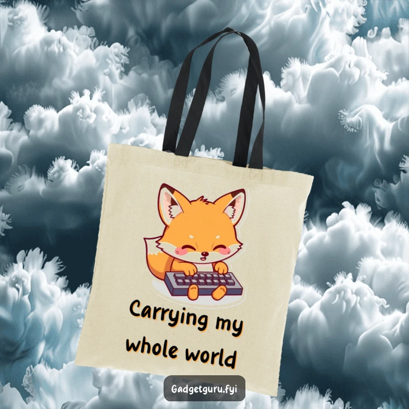 Funny Kawaii Fox Tote Bag: Adorable fox character typing with great intensity on a tiny keyboard, a humorous accessory for daily use.