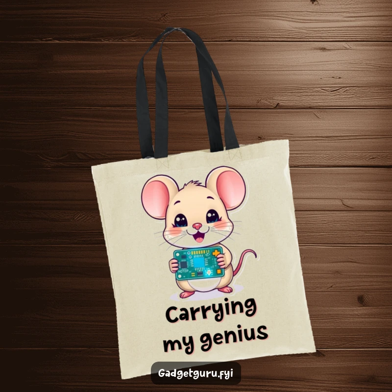 Funny mouse character holding a tiny blinking circuit board, a versatile tote bag for carrying tech items with geeky charm.