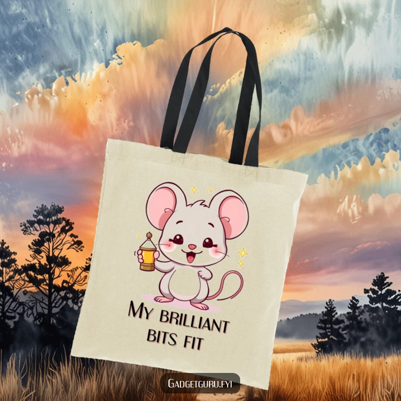 Funny Mouse Tote Bag: A proud mouse holds a miniature, sparking invention, perfect for carrying creative supplies.