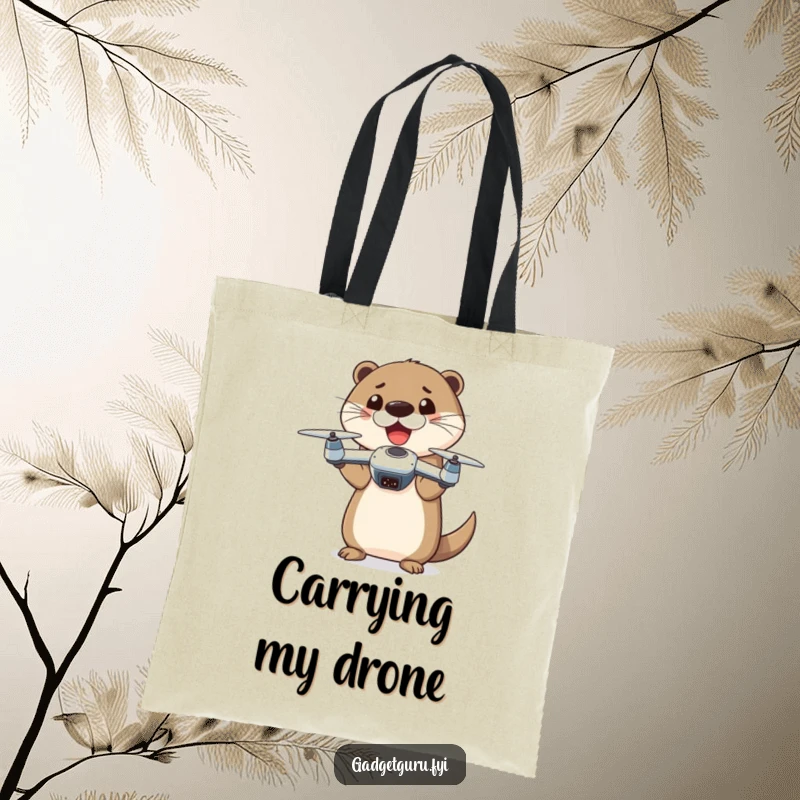 Funny otter character holding a miniature drone, symbolizing tech fun and portability, on a durable tote bag.