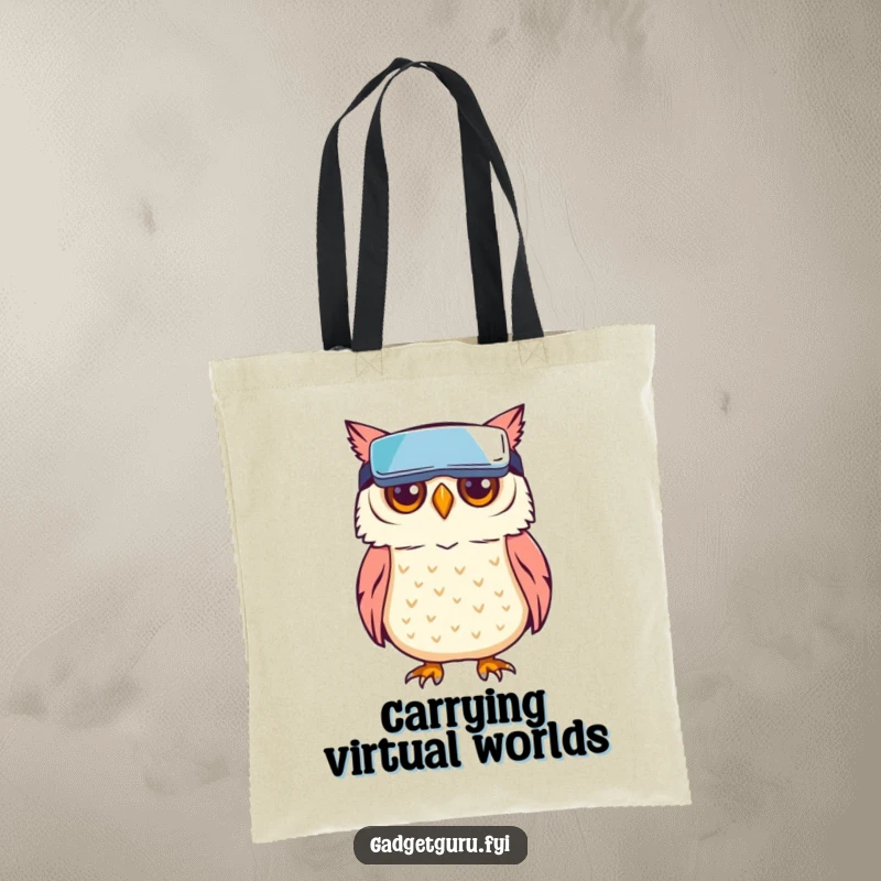 Funny owl character wearing tiny VR goggles, symbolizing digital exploration, on a durable and fashionable tote bag.