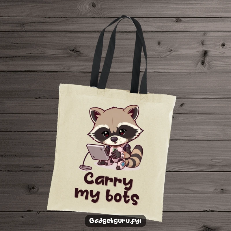 Funny tote bag with a determined raccoon character energetically programming a small robot. A humorous and practical accessory for tech lovers.