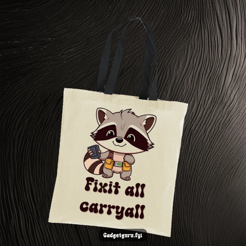 Funny Raccoon Tool Tote Bag: A sturdy tote bag showcasing a smiling raccoon character with a tool belt, ideal for errands.