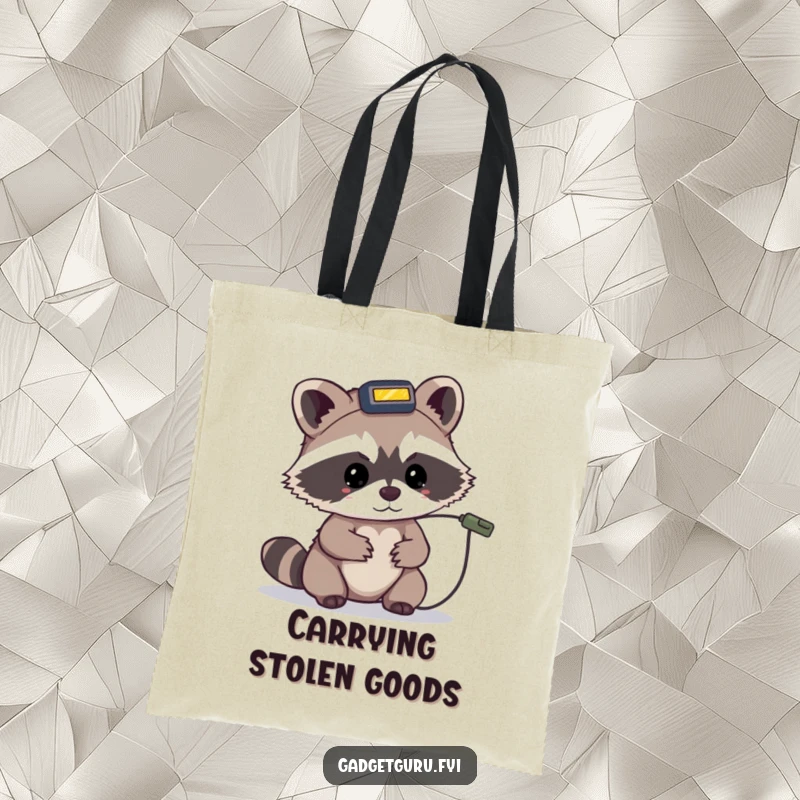 Funny tote bag showcasing a tiny raccoon character wearing a headlamp, focused on a small wire.