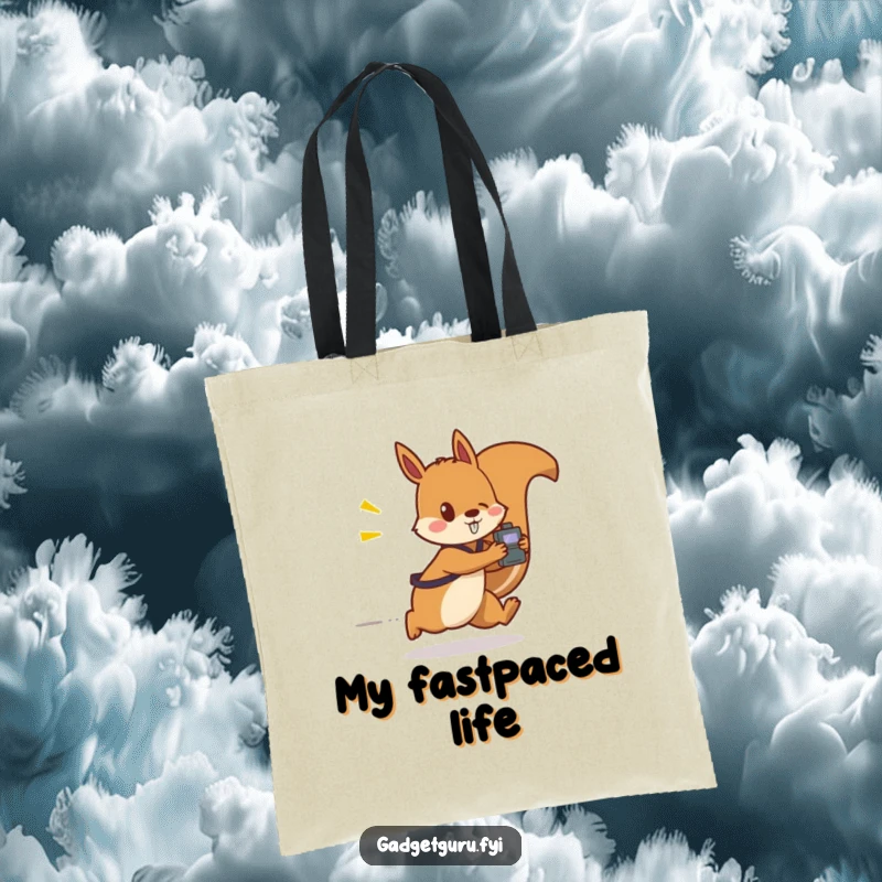 Funny tote bag shows a blurry squirrel character zooming with a small flashing gadget, ideal for carrying tech and essentials swiftly.