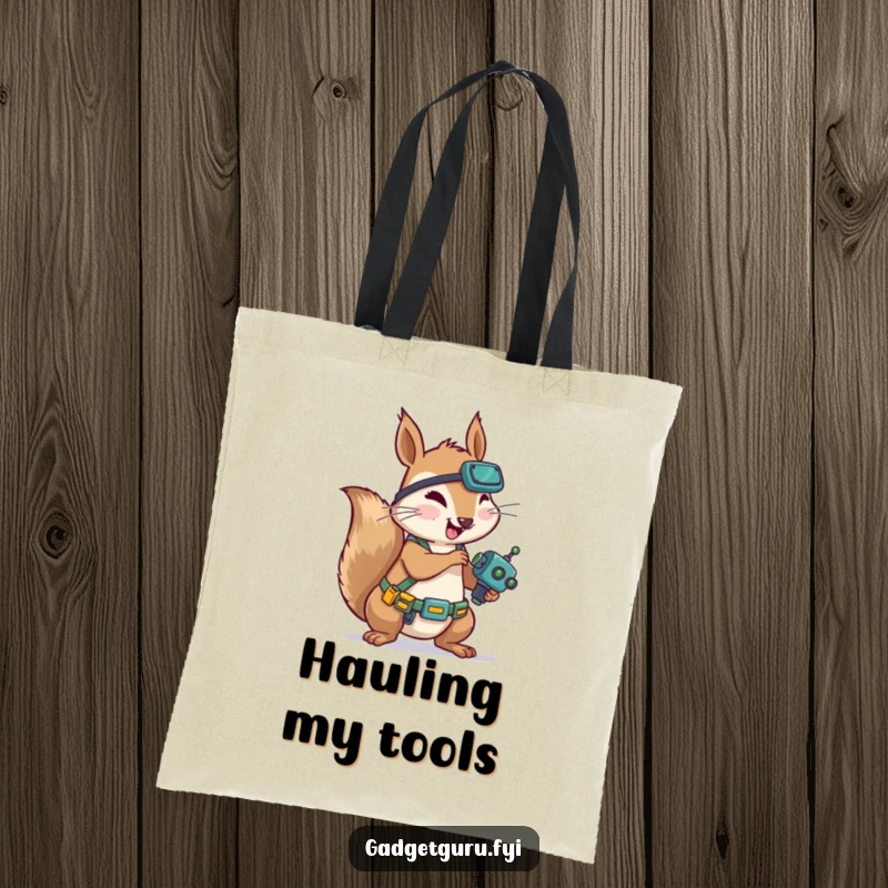 Funny Squirrel Mechanic Tote Bag: A humorous tote featuring a squirrel with a tool belt working on a tiny robot, ideal for carrying tools or supplies.