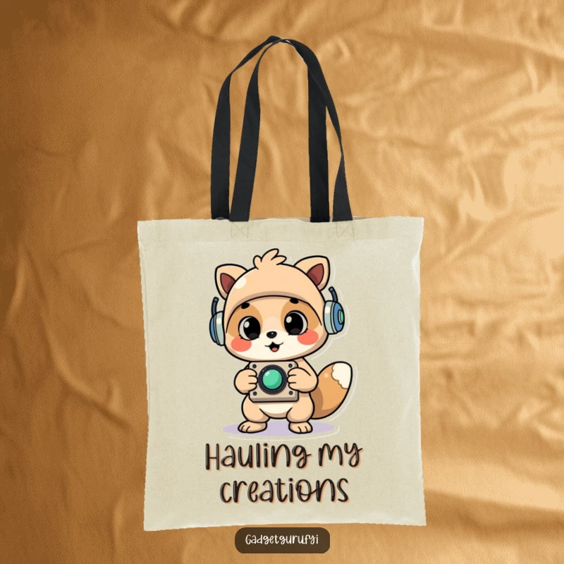 Funny Cheerful Animal Character Proudly Holding Up a Newly Assembled Whimsical Gadget Tote Bag, a Humorous Accessory.