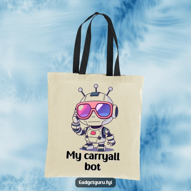 Funny robot tote bag featuring a cute character adjusting oversized futuristic glasses, perfect for carrying tech gear.
