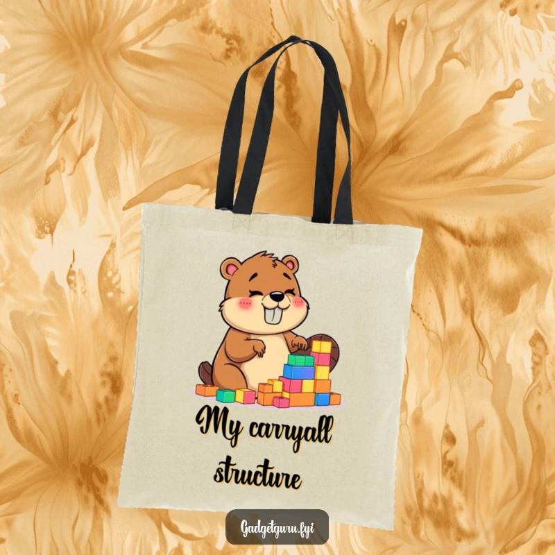 Funny tote bag with a construction-themed design of a giggling beaver enthusiastically building with small, bright glowing blocks.