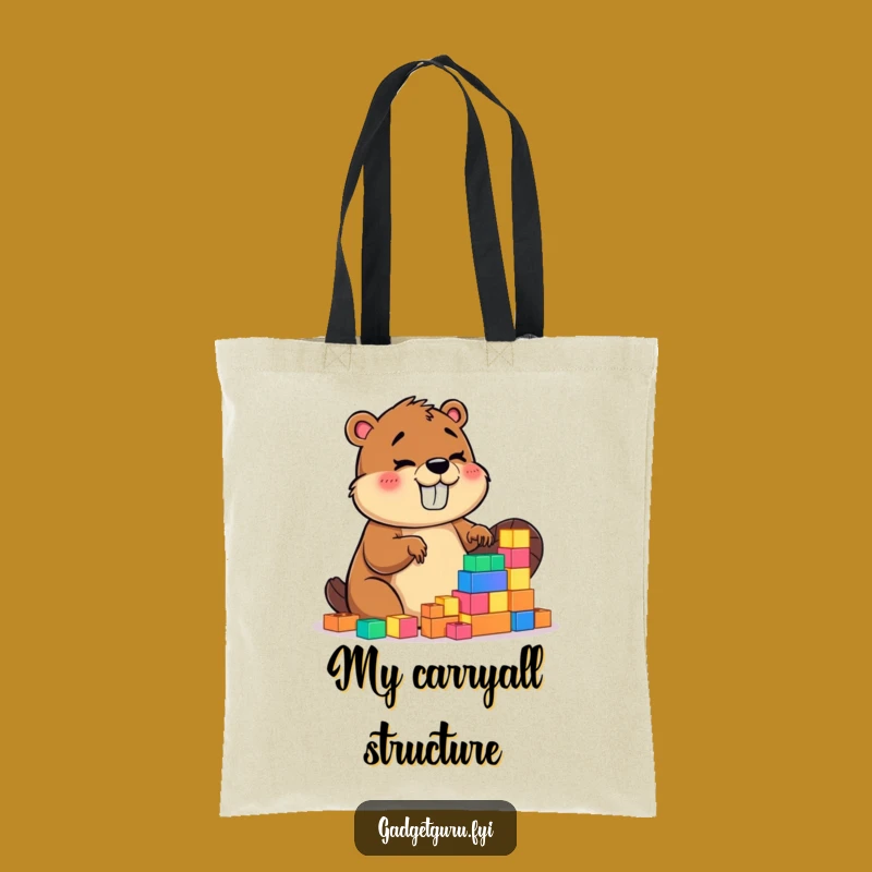 Funny Beaver Tote Bag: Giggling Builder Enthusiastic With Glowing Blocks