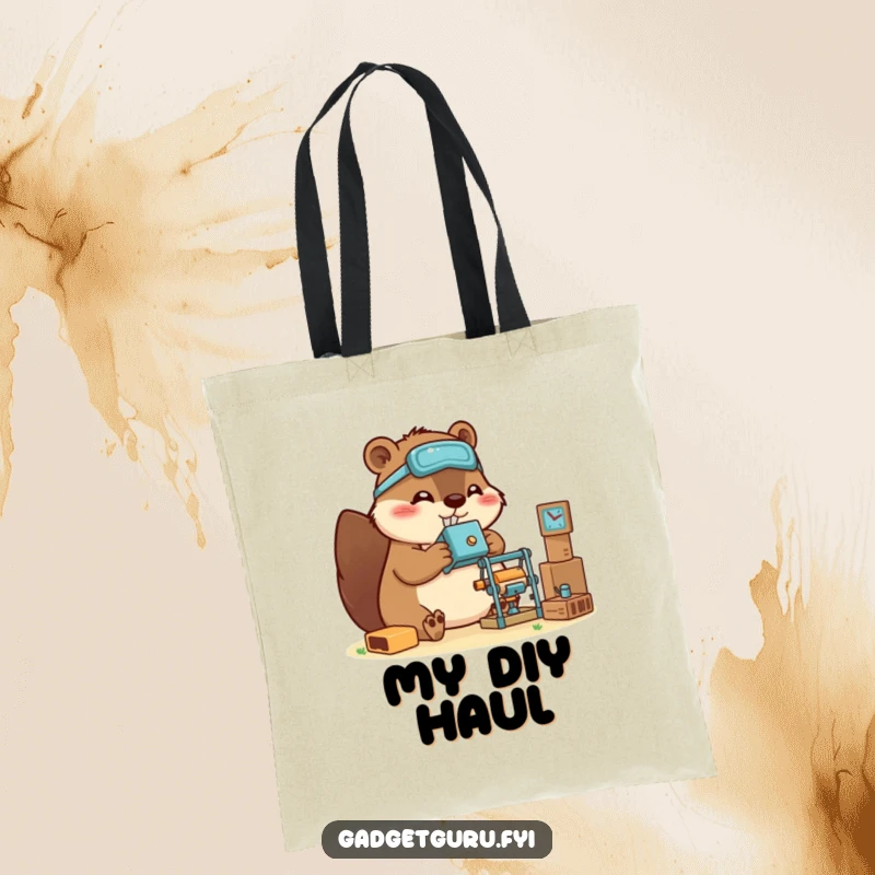 Funny beaver tote bag depicting a happy character building a small gadget, ideal for carrying tools and supplies.