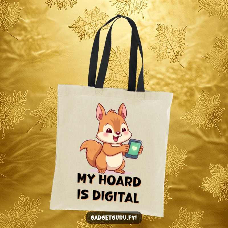 Funny tote bag with a cute squirrel character excitedly holding a glowing smartphone, a humorous accessory for tech enthusiasts.