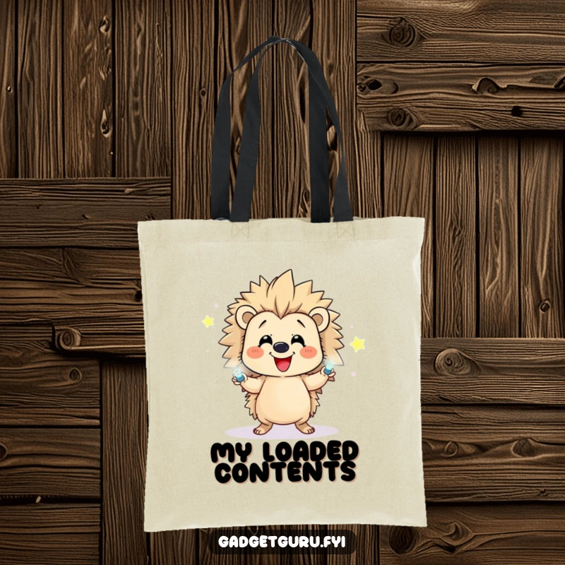 Funny tote bag showing a happy hedgehog character juggling several small, brightly flashing LEDs, full of energy.